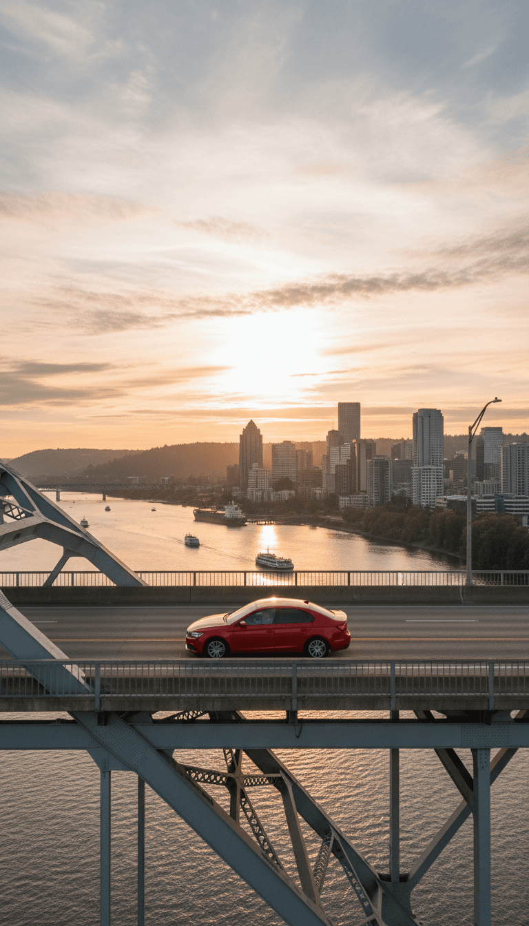 Red hatchback driving on a Portland bridge