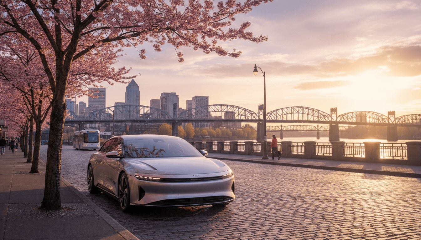 A clean modern car parked on a street with Portland's bridges visible in the background