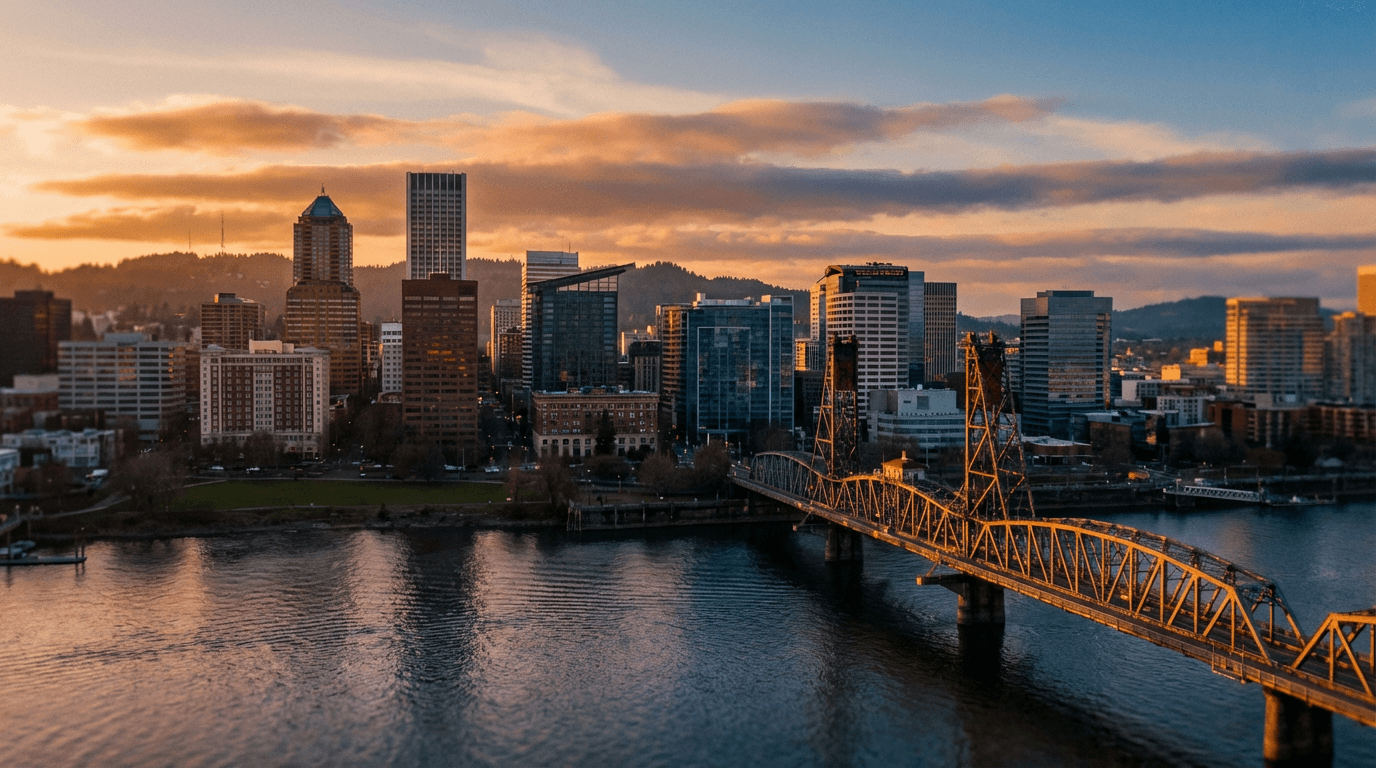 A well-maintained car parked with the Portland skyline and a bridge in the background
