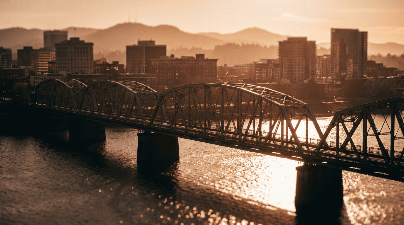 Modern car parked on a Portland bridge with city skyline and river